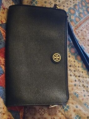 Tory Burch Black Leather Wristlet with Gold Logo Medallion